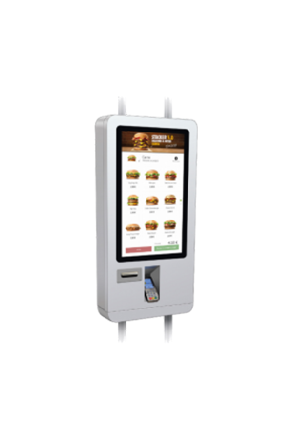 Borne de paiement tactile pour la restauration au Maroc. Écran 27 pouces, PC industriel, options terminal CB, QR code, NFC, imprimante, maroc tactile.